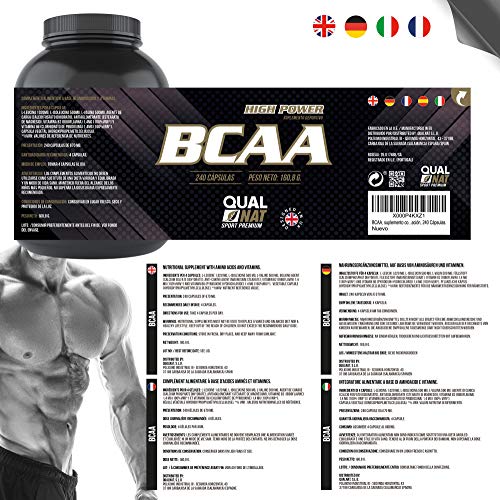 BCAA 240 Cápsulas| Suplementos deportivos con aminoácidos ramificados y esenciales| Suplemento para mejorar la recuperación muscular| QUALNAT