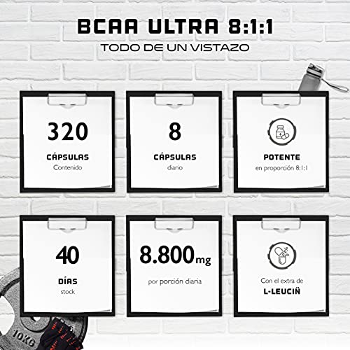 BCAA Ultra 8:1:1 - 320 Cápsulas - 1100 mg por cápsula - L-Leucina, L-Isoleucina, L-Valina - Alta dosis - Aminoácidos esenciales de cadena ramificada