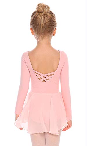 Beyove Vestido de ballet para niña, espalda descubierta, de algodón, manga larga, maillot de ballet para niños, vestido de danza con falda tutú, Rosa., 160 cm