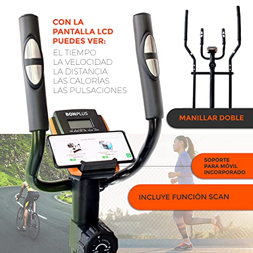 Bicicleta Elíptica Bonplus - 8 Niveles de Resistencia - Pulsómetro - Uso doméstico - Panel de Control LCD - Color Negro y Naranja - Ruedas Frontales -