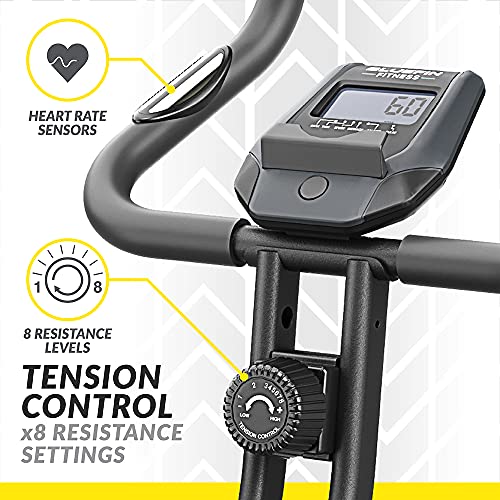 Bicicleta Estática Tour XP de Bluefin Fitness / Fitness en Casa / Estructura de Acero / Plegable / 8 Niveles de Resistencia / Sensores de Ritmo Cardiaco / App Kinomap / 5 Años de Garantía / LCD