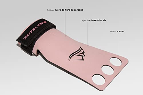 Black Volcanic - Calleras para Crossfit Mujer Rosa más magnesio líquido calistenia - Calleras para Crossfit 3H de Cuero de Fibra de Carbono Incluye magnesio líquido y Bolsa Transpirable Rosa. (S)