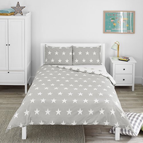 Bloomsbury Mill - Juego de cama para niño - Funda nórdica y funda de almohada 200cm x 200cm - Estampado de estrellas grises y blancas