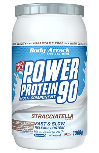 Body Attack Power Protein 90, Crema de Stracciatella, 1 kg, 5 K de proteína en polvo con proteína de suero, L-carnitina y BCAA para el desarollo de los músculos y el fitness
