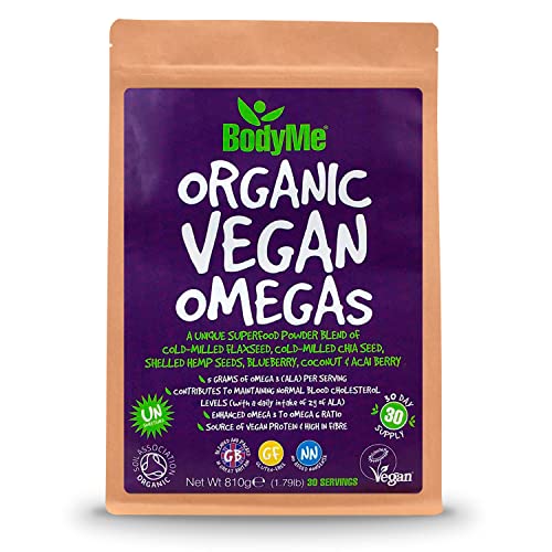 BodyMe Orgánico Vegano Omegas Polvo | 810g | Vegan Omega 3 6 9 Mezcla | Con Semilla De Lino Molida Semilla De Chía Molida Semillas De Cáñamo Arándano Coco Arándano