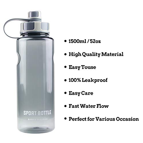 Botellas para Agua Deporte 1,5L Contiene Filtro, No Tóxico Reutilizables Plastico Botellas para Agua a Prueba de Fugas para Sport, Gimnasio, Trekking, Bicicleta, Yoga