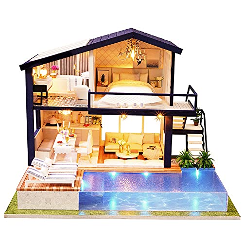 Bricolaje Casa de Muñecas de Madera de Diseño, con Luces+Piscina Privada, Miniatura con Todos los Muebles, Casa de Muñecas, Juego de Descompresión(CON/SIN Cubierta de Polvo)(CON Cubierta de polvo)