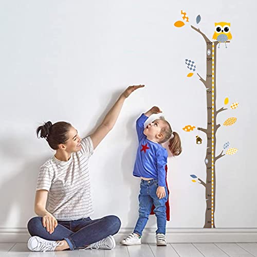 Brunoko vinilos infantil pared + medidor de niños para pared 2 en 1 - pegatinas pared decorativas infantil de árbol y búho - Vinilo ecológico extraíble para habitacion bebe - Diseñado en España