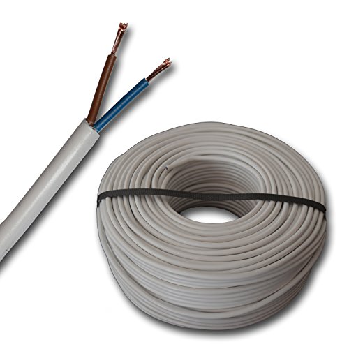 Cable de manguera de plástico redondo LED H05VV-F 2 x 1 mm² (mm2) – Color: Blanco 5 m/10 m/15 m/20 m/25 m/30 m/35 m/40 m/45 m/50 m/55 m/60 m, etc. hasta 100 m en 5 metros de pasos a elegir