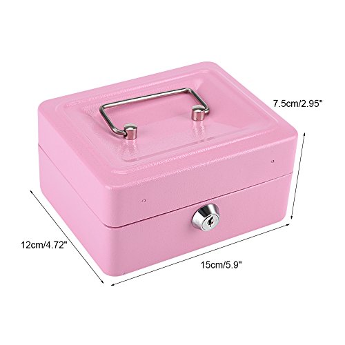 Caja Fuerte Portátil con Cerradura de llave Caja de Seguridad de Metal de Doble Capa Cajas de Caudales de Almacenamiento de Monedas (Pink)
