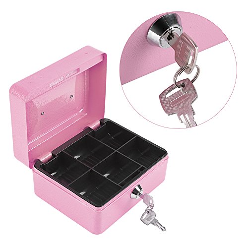 Caja Fuerte Portátil con Cerradura de llave Caja de Seguridad de Metal de Doble Capa Cajas de Caudales de Almacenamiento de Monedas (Pink)