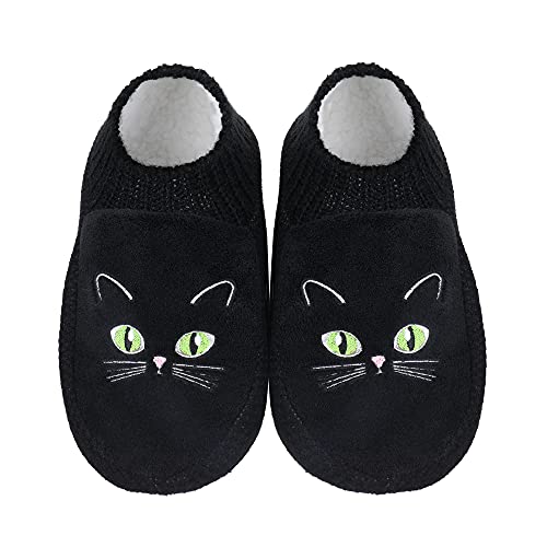 Calcetines de mujer Fuzzy Slipper Calcetines de casa antideslizantes suaves de punto de invierno con pinzas Cute Cat (Negra, 41/42, x_l)