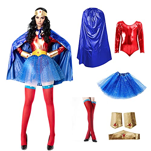 Carnavalife Disfraz Superhéroe Poder Niña Mujer, Conjunto Falda Tutú con Estrella, Maillot Body, Capa, Pulseras,Tocado y Medias (Pack azul superwoman, L)