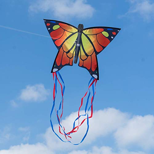 CIM Cometa de Mariposa - Butterfly ORANGE- Cometa de una sola línea para niños mayores de 3 años - 58 x 40 cm - incl. 20 m hilo de cometa - con tiras de 195 cm en la cola de arco