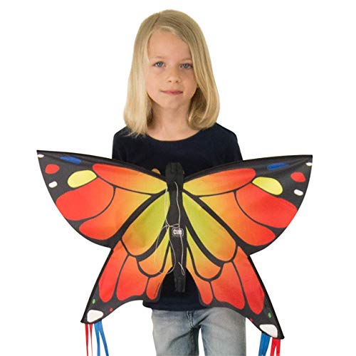 CIM Cometa de Mariposa - Butterfly ORANGE- Cometa de una sola línea para niños mayores de 3 años - 58 x 40 cm - incl. 20 m hilo de cometa - con tiras de 195 cm en la cola de arco