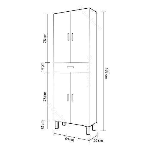 Columna de baño, Mueble de Lavabo, 4 Puertas y 1 cajón, Modelo Aruba, Acabado en Blanco Brillo, Medidas: 60 cm (Ancho) x 182 cm (Alto) X 29 cm (Fondo)