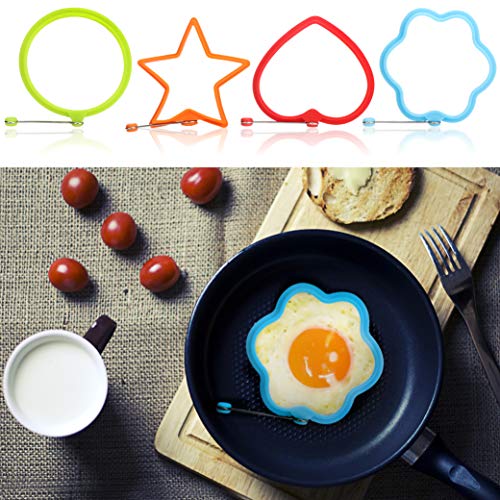 COM-FOUR® 4x Forma de silicona con mango de protección flor, estrella y corazón - Para huevos y tortitas (04 piezas - mezcla - colorido)