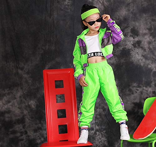Conjunto de Ropa de Hip Hop para niñas de 3 Piezas, Traje de Baile Callejero para niños, Chaleco Recortado, Chaqueta Verde Fluorescente y Pantalones de chándal (Verde, 10-11 años)