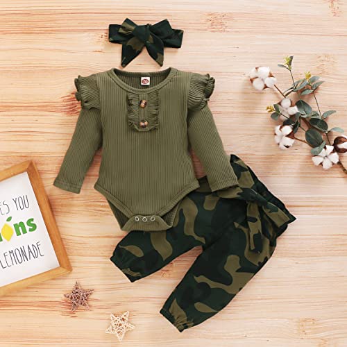 Conjunto de ropa infantil para bebé niña niño volantes acanalado top de punto mono de manga larga mameluco + pantalones de camuflaje + diadema camuflaje, verde, 3-6 meses