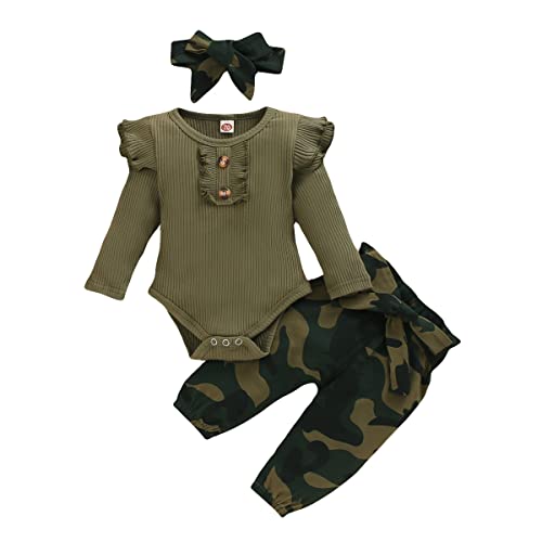 Conjunto de ropa infantil para bebé niña niño volantes acanalado top de punto mono de manga larga mameluco + pantalones de camuflaje + diadema camuflaje, verde, 3-6 meses