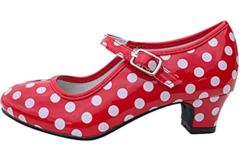 Costumizate! Zapatos de Baile Flamenco con Diferentes Tallas Desde niña a Mujer. Precioso Color Rojo con Lunares Blancos Talla 20