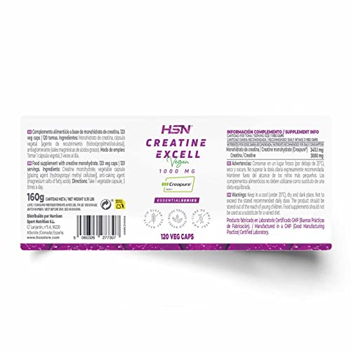 Creatina Creapure en Cápsulas de HSN | Creatina Excell 1000 mg 100% Creapure | Sello de Calidad Garantizada | Monohidrato de Creatina Micronizada | No-GMO, Vegano, Sin Gluten