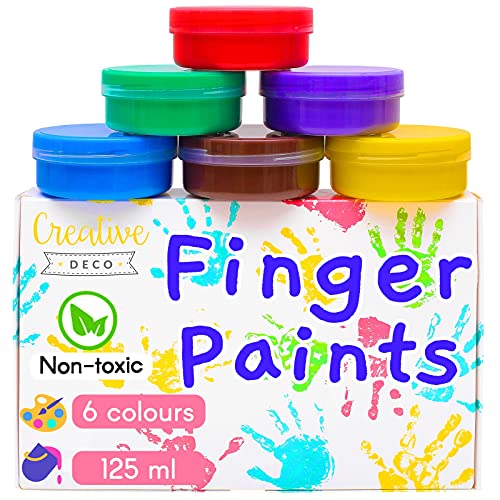 Creative DECO Pintura de Dedos para Niños Bebes No Tóxica | 6 x 125 ml Colores Intensos en Botes Grandes | Temperas Seguras para Niños Pequeños | Set de Pinturas Lavables
