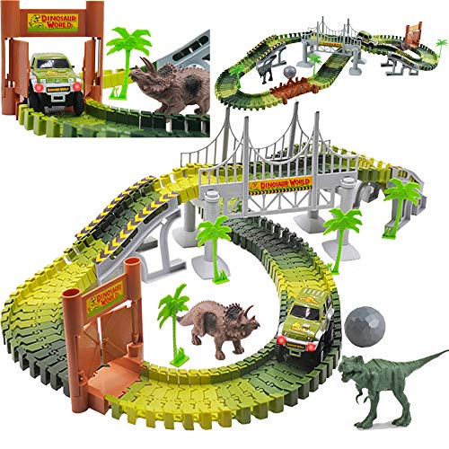 deAO Circuito de Coches en el Parque Jurásico Mundo de Dinosaurios Conjunto Incluye Vías Flexibles, Vehículo, Dinosaurios y Accesorios