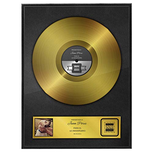 Disco de oro como certificado personalizado con marco de madera - Regalo personalizado con nombre y fecha Decoración de pared de ocasión con marco de fotos (DIN A4 - 21 x 30 cm - Español)