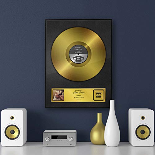 Disco de oro como certificado personalizado con marco de madera - Regalo personalizado con nombre y fecha Decoración de pared de ocasión con marco de fotos (DIN A4 - 21 x 30 cm - Español)