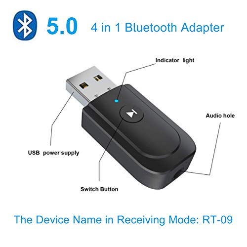 EasyULT 4-en-1 Adaptador Bluetooth 5.0, Bluetooth USB Dongle Transmisor y Receptor con Línea de Audio de 3.5 mm, para TV/PC/Teléfonos/Altavoces/Radio(Negro)
