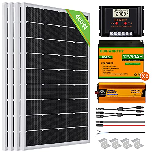 ECO-WORTHY 2kW·h/día Kit Panel Solar con Inversor y Batería 480W 24V Fuera de la Red para RV/Doméstico: 4 Paneles solares 120W + Controlador de 30A + 2 Batería de litio de 50Ah + Inversor 1500W 24V