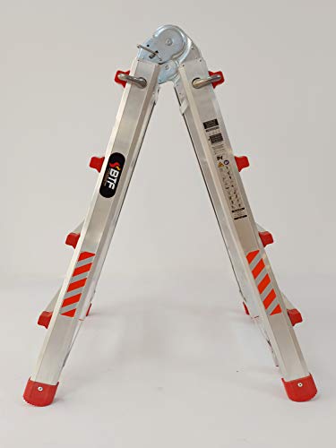 Escalera Articulada Telescópica Plegable 4+3 en 2 Tramos Profesional de Aluminio. Escada Articulada Telescópica (Hasta 14 Peldaños/Até 14 degraus)
