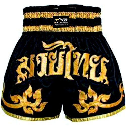 EVO Fitness - Pantalones cortos para Muay-Thai, Kickboxing, artes marciales, equipo de combate, todas las estaciones, color Negro y dorado., tamaño extra-small
