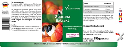 Extracto de guaraná 300mg – 4 veces mayor concentración – vegano – tratamiento para 6 meses – 180 comprimidos