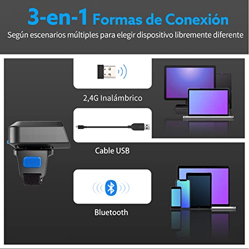 Eyoyo 2D Escáner de Código de Barras de Anillo, 1D Mini Lector de Código de Barras QR Portátil Bluetooth 2,4G Inalámbrico Cable USB Funciona con Windows, MacOS, Android 4,0+ y iOS