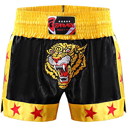 Farabi Sports Muay Thai Shorts Kick Boxing Training Corto de satén con Bordado de Tigre (Black/Gold, L)