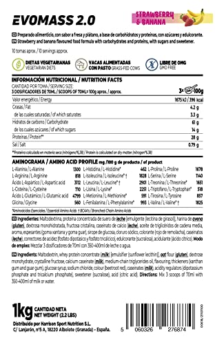 Ganador de Peso y Masa Muscular de HSN Evomass 2.0 | Sabor Fresa Banana 1 Kg = 10 Tomas por Envase | Mass Gainer con Harina de Avena + Whey Protein + Aceite MCT | Apto Vegetariano