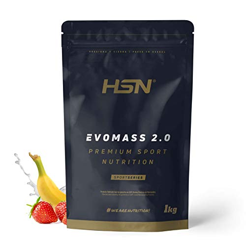 Ganador de Peso y Masa Muscular de HSN Evomass 2.0 | Sabor Fresa Banana 1 Kg = 10 Tomas por Envase | Mass Gainer con Harina de Avena + Whey Protein + Aceite MCT | Apto Vegetariano