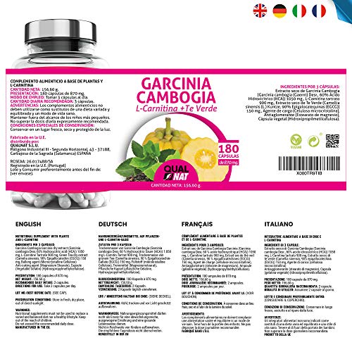 Garcinia Cambogia 180 Cápsulas| Garcinia Cambogia pura + L - Carnitina + Te Verde| Tu Complemento Natural| QUALNAT