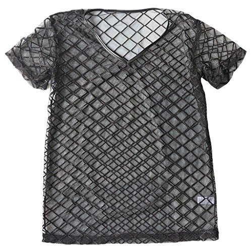 Gazechimp Camiseta de Malla Transparente Chaleco con Manga Corta Ropa Interior de Apretada Muscular Ajuste para Hombres de Negro - Negro, L