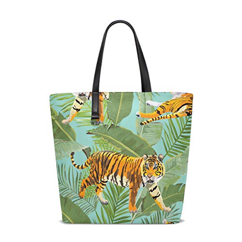 GIGIJY - Bolso de mano con diseño de tigre tropical y hojas de palma, tamaño grande para mujer