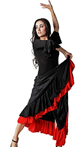 Gojoy shop- Traje Profesional de Baile Danza Flamenco o Sevillanas para Mujer de 2 Piezas (Contiene Body con Doble Volante en Manga y Falda en 6 Colores Disponibles) (Rojo, L)