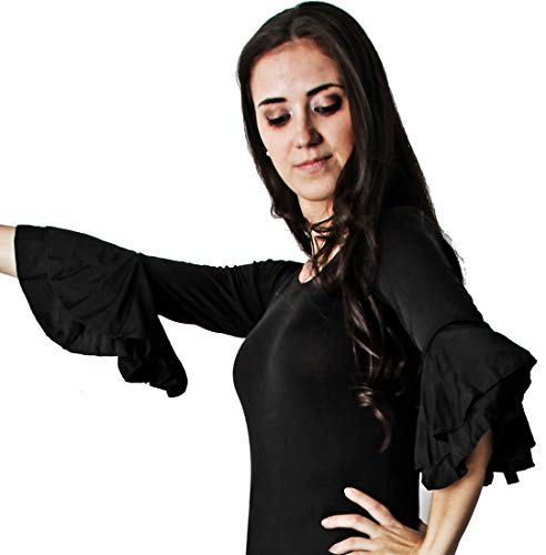 Gojoy shop- Traje Profesional de Baile Danza Flamenco o Sevillanas para Mujer de 2 Piezas (Contiene Body con Doble Volantes en Manga y Falda con Un Volante Liso (XL, Negro)