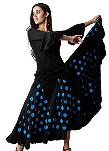 Gojoy shop- Traje Profesional de Baile Danza Flamenco o Sevillanas para Mujer de 2 Piezas (Contiene Body con Doble Volantes en Manga y Falda de Lunares en 6 Colores Disponibles) (L, Azul)