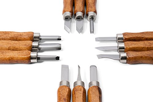 HOLZWURM Juego de herramientas de tallado de madera 12 piezas, con bolsa, instrucciones (EN) y piedra de afilar, juego de cuchillos de tallado ideal para principiantes y profesionales