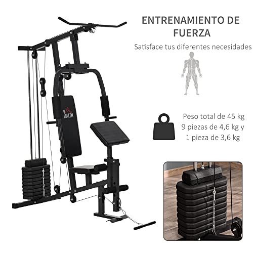HOMCOM Multiestación Máquina de Musculación con Estribo para Piernas Poleas y Placas de Peso de 45 kg para Entrenamiento Fitness en Hogar Gimnasio 148x108x207 cm Negro