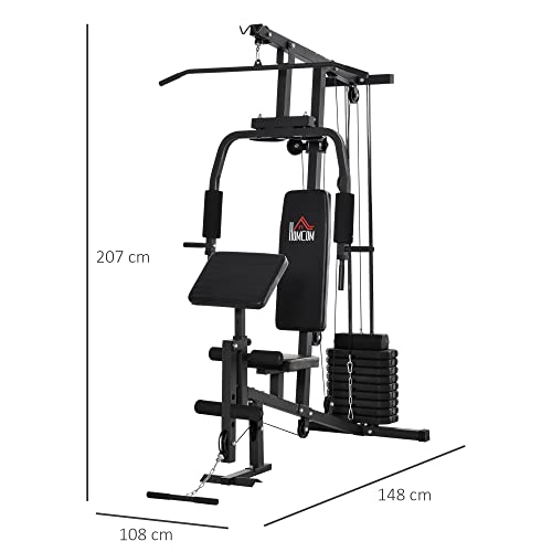 HOMCOM Multiestación Máquina de Musculación con Estribo para Piernas Poleas y Placas de Peso de 45 kg para Entrenamiento Fitness en Hogar Gimnasio 148x108x207 cm Negro