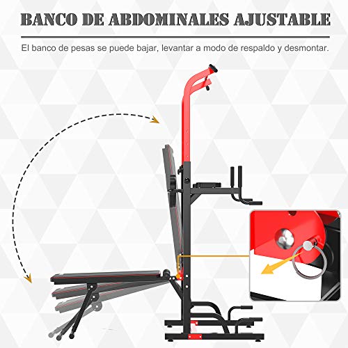 HOMCOM Multiestación Máquina de Musculación Multifuncional Plegable con Banco Acolchado Altura Ajustable en 6 Niveles Acero 94x174x180-230 cm Negro y Rojo