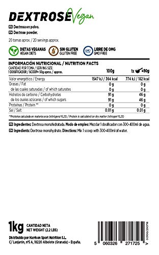 HSN Dextrosa Carbohidrato de Alto Índice Glucémico para Recarga de Energía Post-Entreno | Ideal para Combinar con Batidos de Proteína | Vegano, Sin Gluten, Sin Lactosa, Sin Sabor, 1 Kg